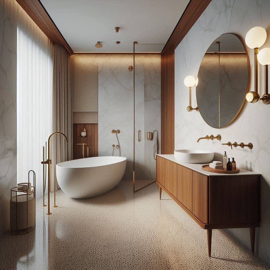 Luxurious mid-century modern bathroom by Hothi & Co. featuring a curved freestanding bathtub with retro brass fixtures and large neutral-toned terrazzo floor tiles.