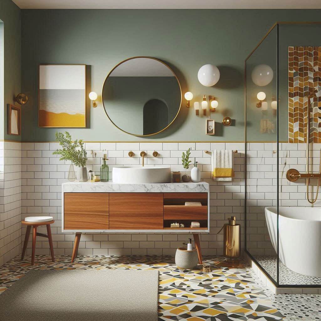 Stylish mid-century modern bathroom by Hothi & Co. featuring a floating walnut vanity, white quartz countertop, rectangular sink, and soft sage green walls.