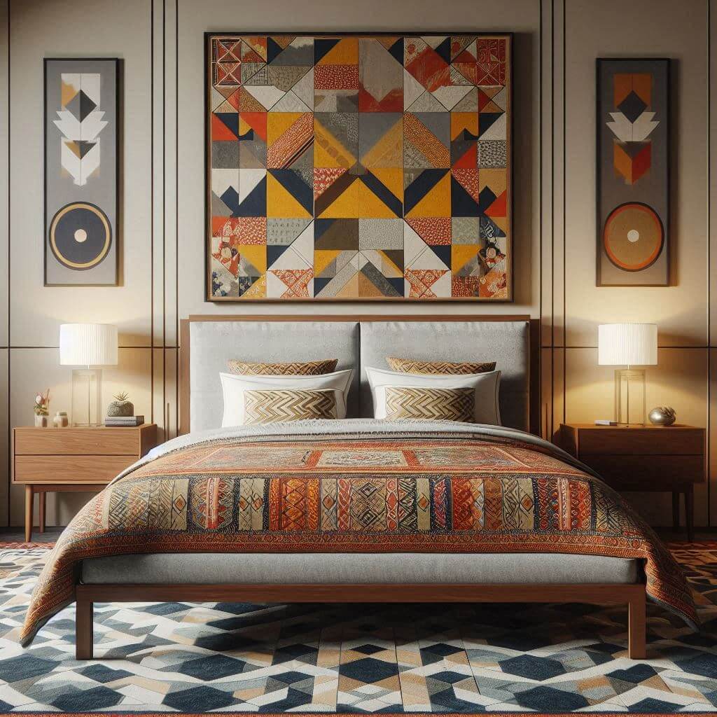 Bold mid-century modern bedroom interior by Hothi & Co. blending Indian textiles with geometric patterns, featuring a wooden bed frame, light grey upholstered headboard, and crisp white linens.