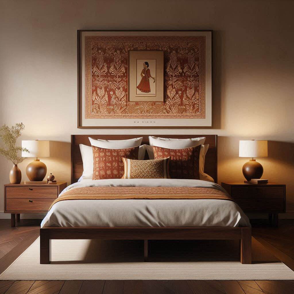Warm mid-century modern bedroom interior by Hothi & Co. featuring rich walnut wood tones, Indian block prints, a platform bed, white bedding, and patterned accent pillows.