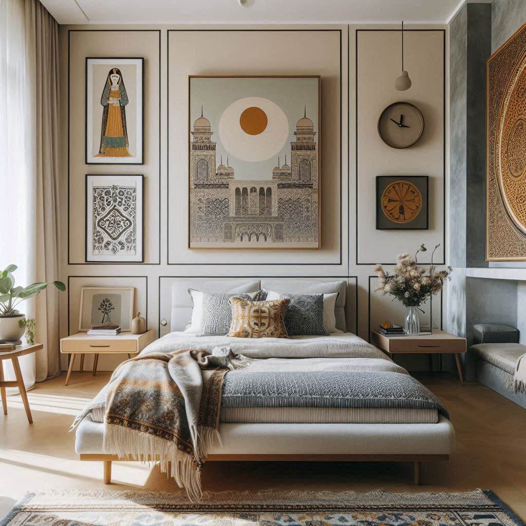 Chic mid-century modern bedroom interior by Hothi & Co. featuring Indian art, clean lines, a walnut platform bed with a low-profile headboard, and soft white linens with colorful accents.