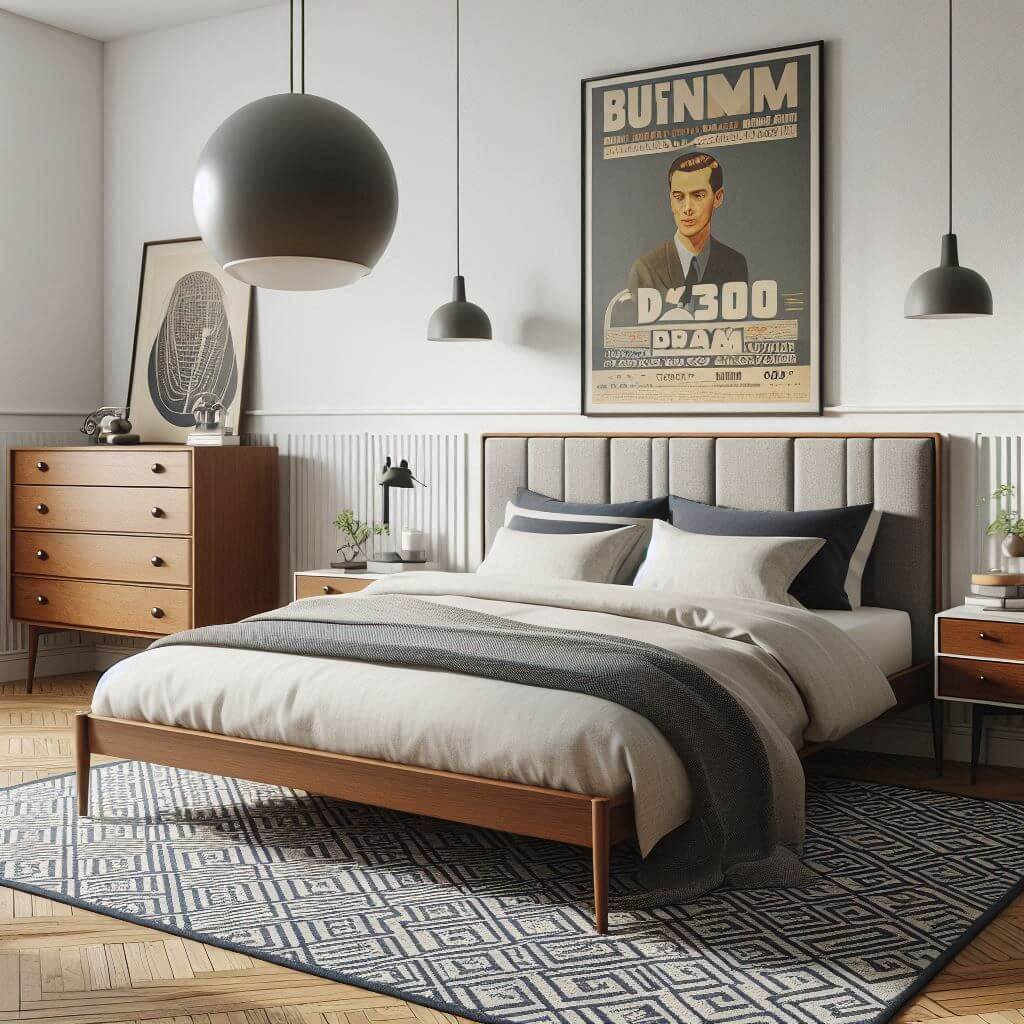 Chic mid-century modern bedroom interior by Hothi & Co. featuring retro details, clean lines, a wooden bed frame with a grey upholstered headboard, and white and navy bedding.