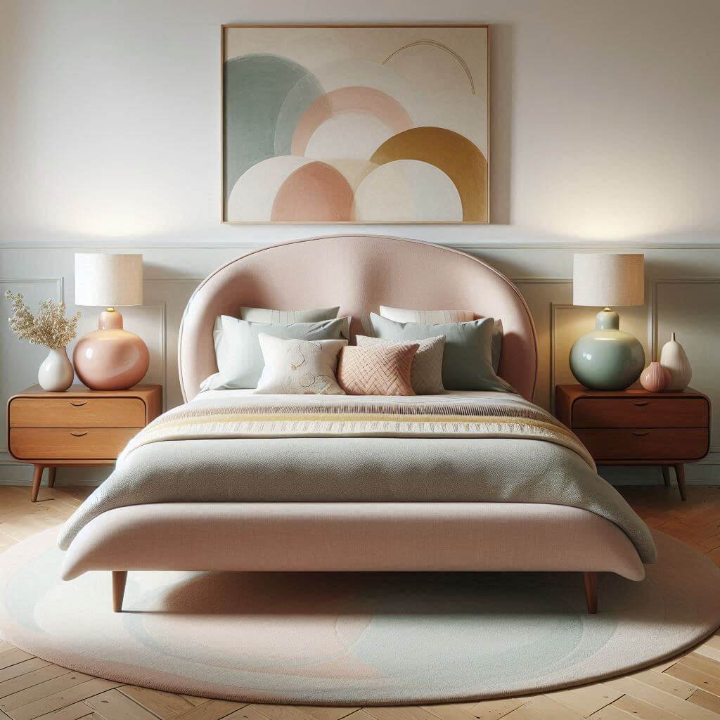 Cozy mid-century modern bedroom interior by Hothi & Co. featuring pastel accents, organic shapes, a curved blush pink upholstered headboard, and light grey bedding.