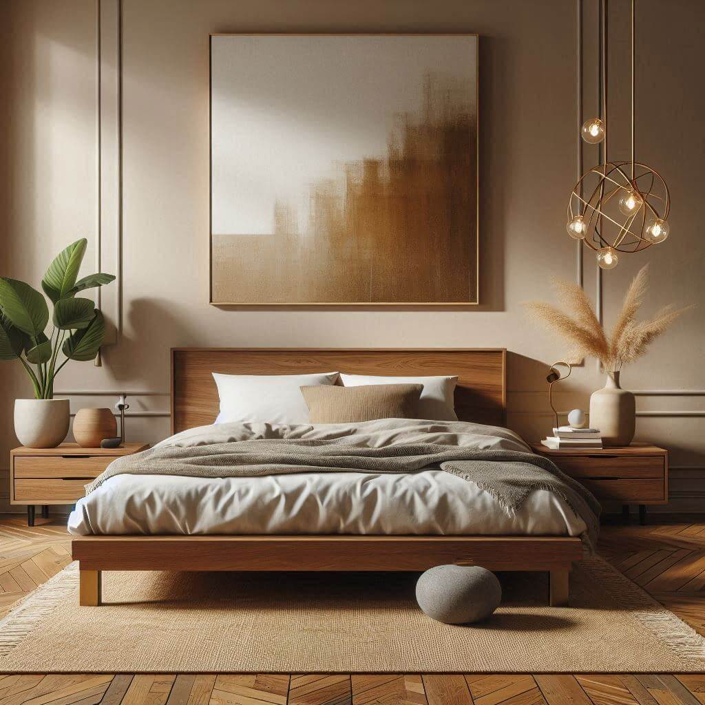Minimalist mid-century modern bedroom interior by Hothi & Co. featuring natural tones, a walnut platform bed, simple white bedding, and a soft grey throw.