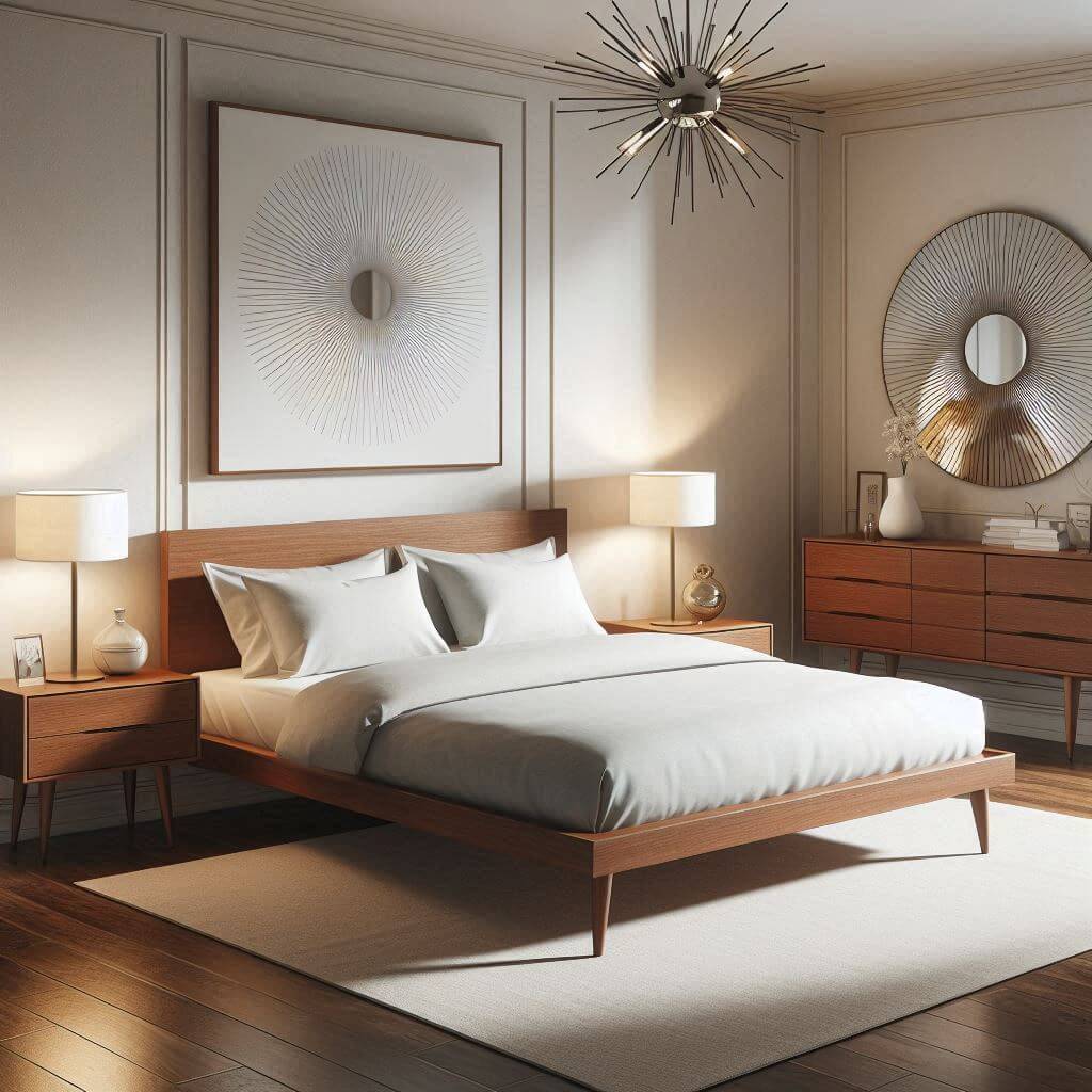 Sleek mid-century modern bedroom interior by Hothi & Co. featuring a wooden platform bed with tapered legs, crisp white linens, soft beige walls, and a large geometric wall print.