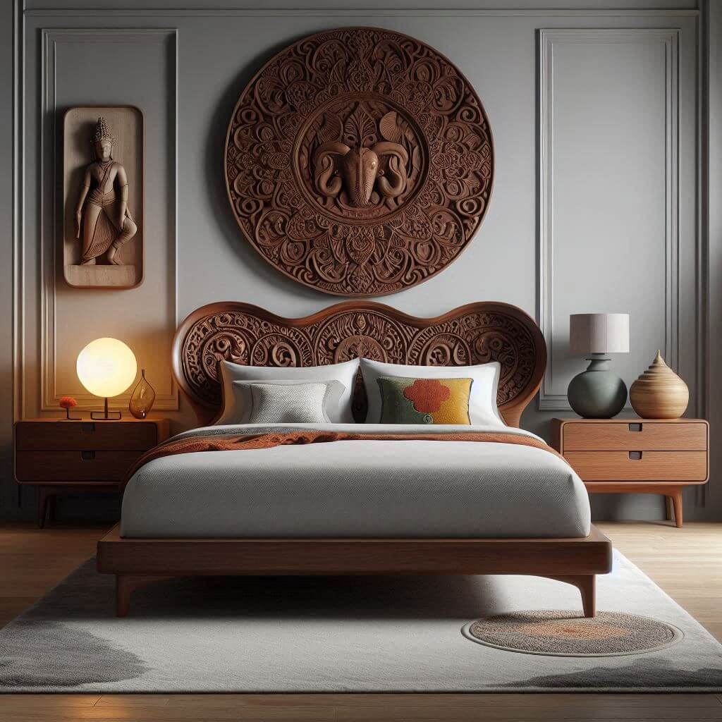 Striking mid-century modern bedroom interior by Hothi & Co. blending Indian carved furniture with sleek modern lines, featuring a low wooden bed frame and intricately carved Indian headboard with crisp neutral bedding.