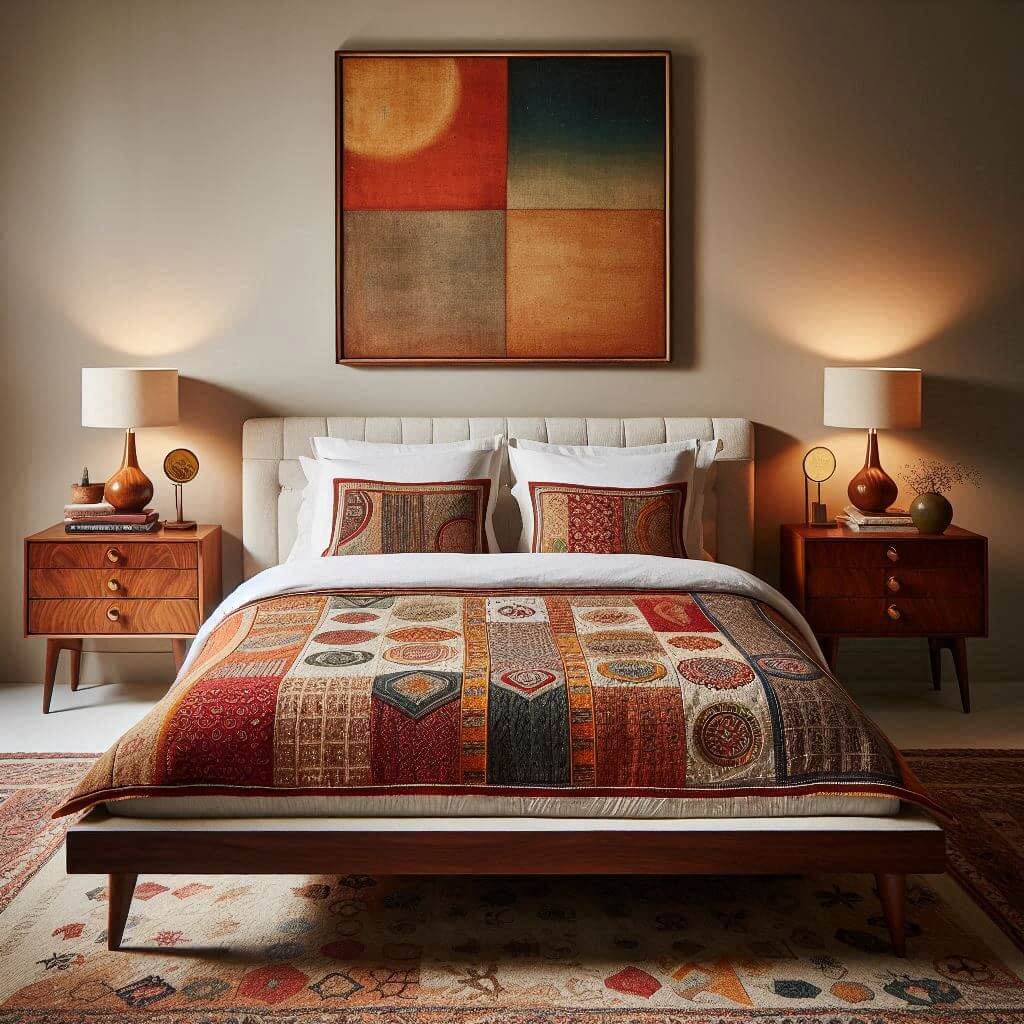 Unique mid-century modern bedroom interior by Hothi & Co. blending Indian textiles with retro furniture, featuring a wooden platform bed with tapered legs, crisp white linens, and a colorful Indian kantha accent.