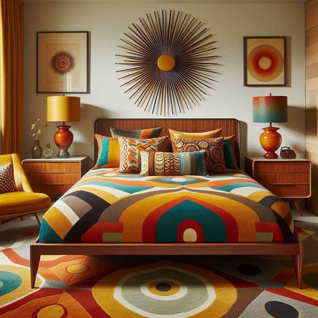 Vibrant mid-century modern bedroom interior by Hothi & Co. featuring vintage furniture, a low wooden bed frame, and a bold geometric-patterned duvet in mustard, teal, and burnt orange tones.