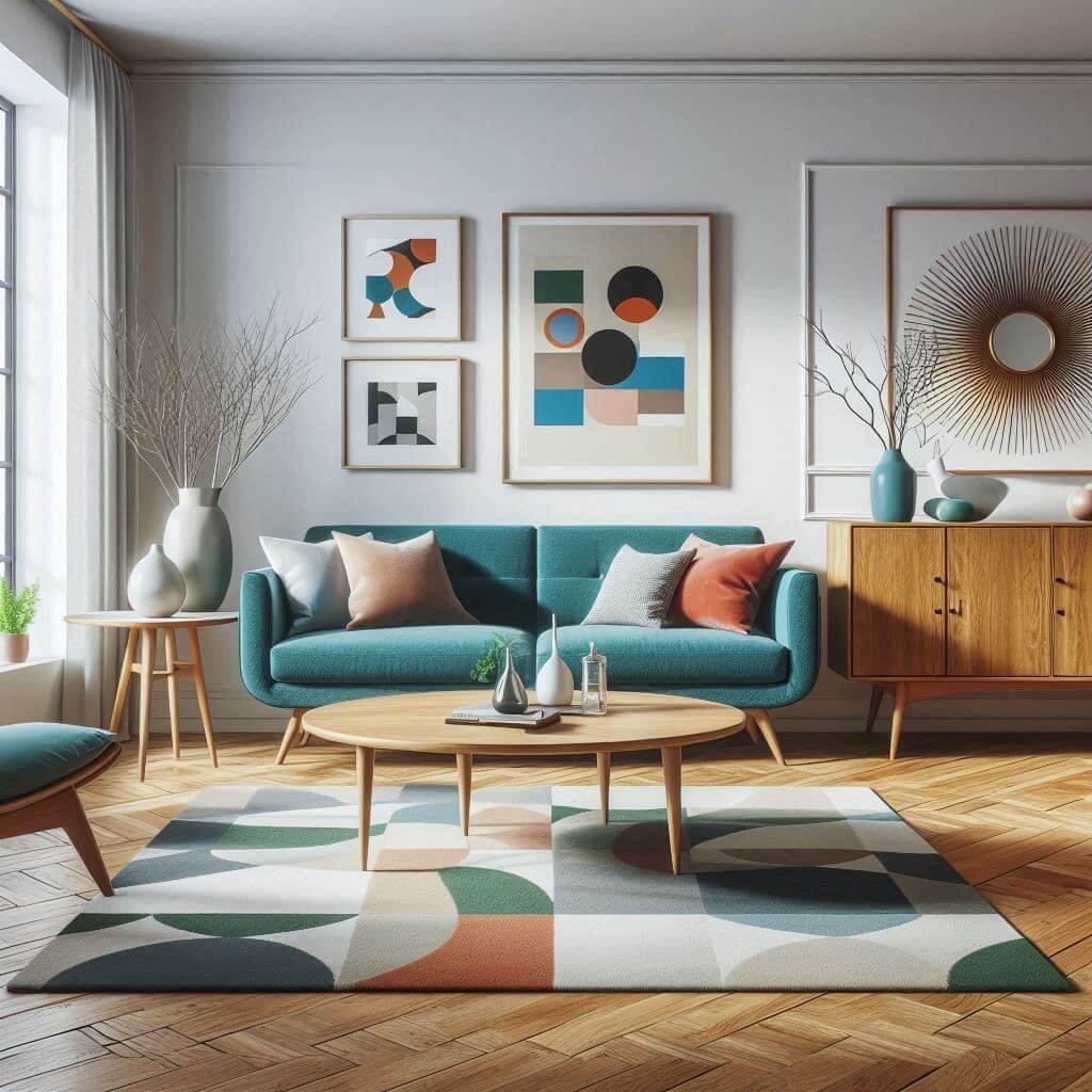 Bright mid-century modern living room by Hothi & Co. featuring a teal streamlined sofa, light oak round coffee table, and warm wooden flooring with colorful accents.