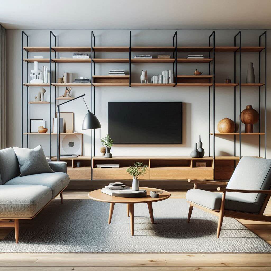 Practical mid-century modern living room by Hothi & Co. featuring a light grey low-profile sofa, round walnut coffee table, wooden-accent armchair, and functional open shelving.
