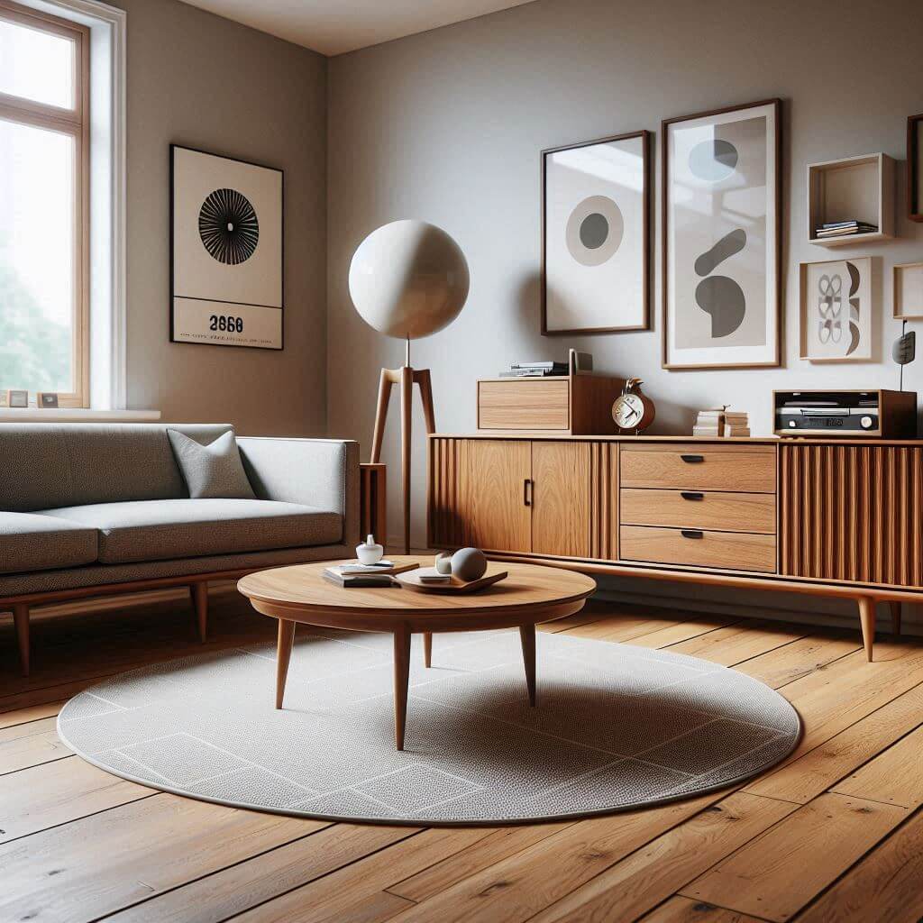 Classic mid-century modern living room by Hothi & Co. featuring walnut furniture, a muted grey low-profile sofa with tapered wooden legs, and clean architectural lines.