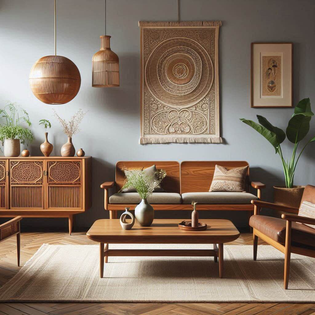 Mid-century modern living room by Hothi & Co. featuring Indian-inspired wooden sofa, teak wood coffee table, and soft grey walls with clean lines.