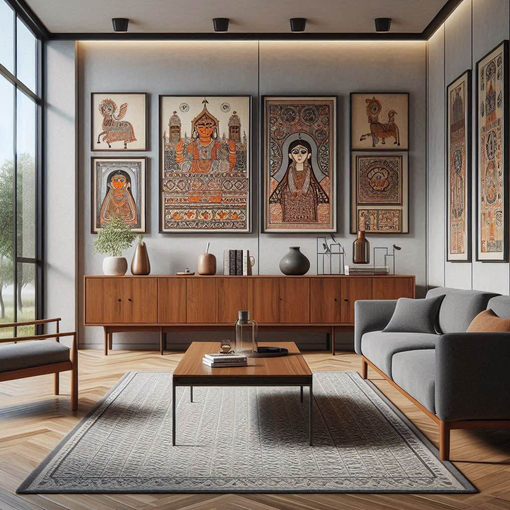 Mid-century modern living room by Hothi & Co. featuring Indian-inspired wooden sofa, teak wood coffee table, and soft grey walls with clean lines.