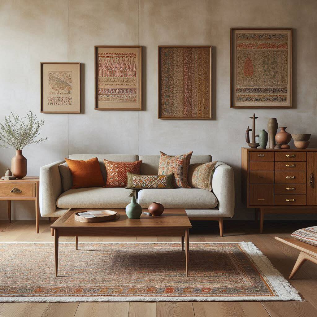 Mid-century modern living room by Hothi & Co. featuring a wooden sofa with tapered legs, neutral upholstery, and Indian textile accents in a clean-lined setting.