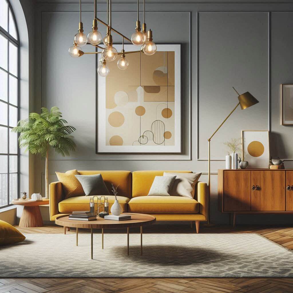Mid-century modern living room by Hothi & Co. featuring a mustard yellow sofa, retro lighting fixtures, round wooden coffee table, and geometric grey-and-white rug.