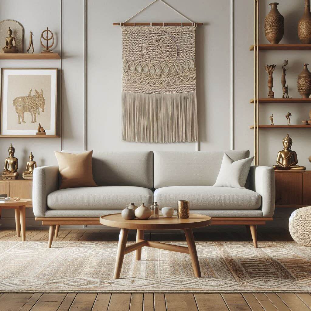 Mid-century modern living room by Hothi & Co. featuring a low-profile wooden sofa with tapered legs, light grey upholstery, and Indian handicraft decor accents.
