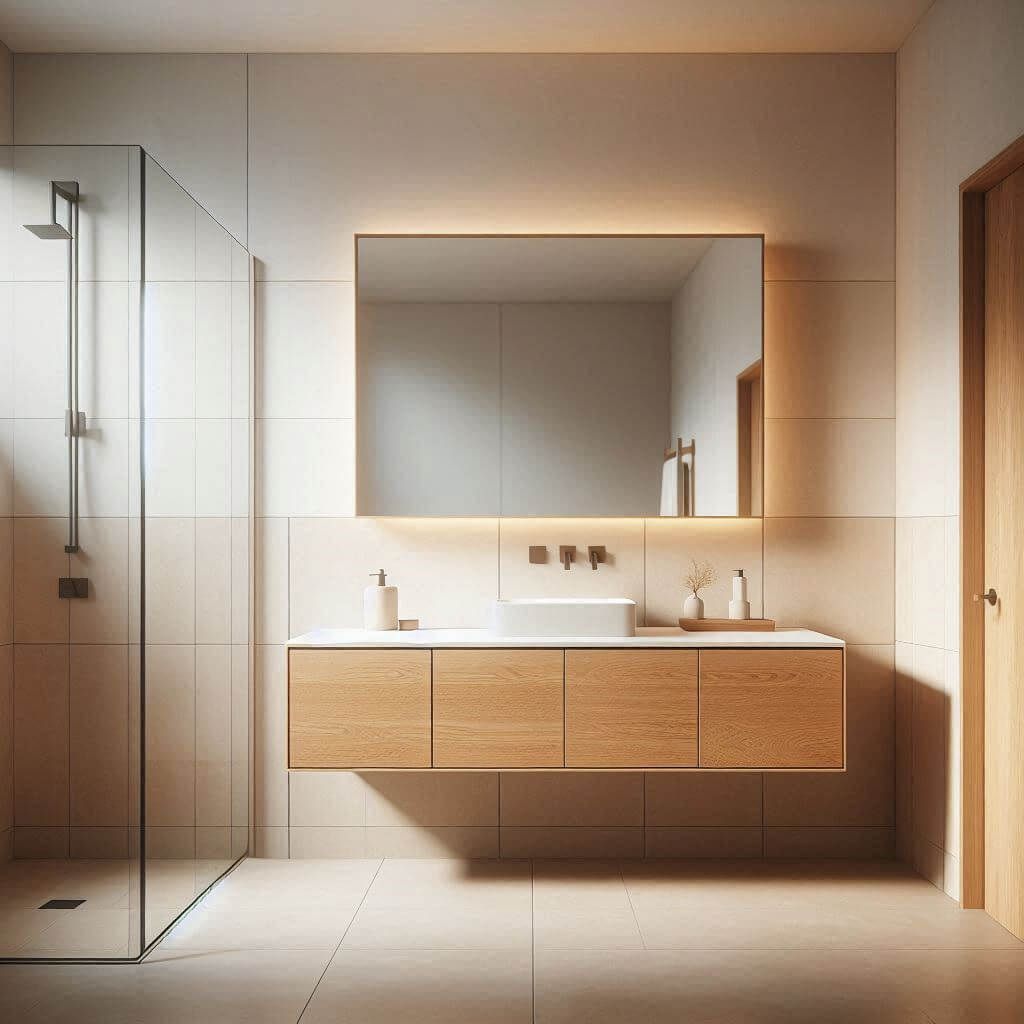 Warm minimalist bathroom by Hothi & Co. featuring a floating oak wood vanity with thin white countertop, under-mount sink, soft white walls, and light grey tiled flooring.