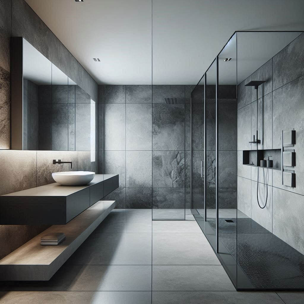 Minimalist stone and glass bathroom by Hothi & Co. featuring a floating stone slab vanity with rectangular integrated sink, wall-mounted chrome faucet, and seamless stone wall and floor finishes.