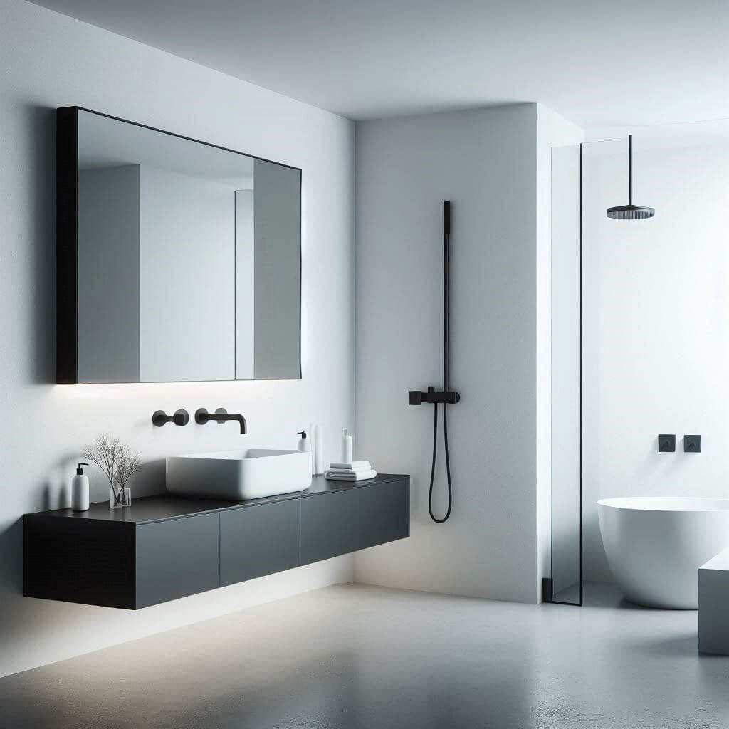 Minimalist black and white bathroom by Hothi & Co. featuring a sleek black floating vanity, white ceramic vessel sink, wall-mounted matte black fixtures, and a pure white interior palette.