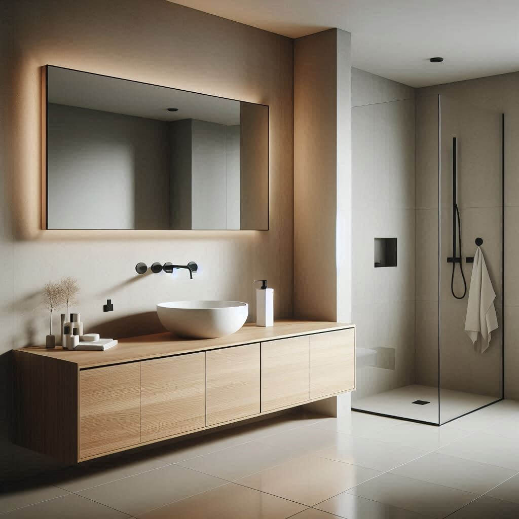 Serene minimalist bathroom by Hothi & Co. featuring a floating wooden vanity, white vessel sink, matte black fixtures, soft beige walls, and light grey porcelain tile flooring.