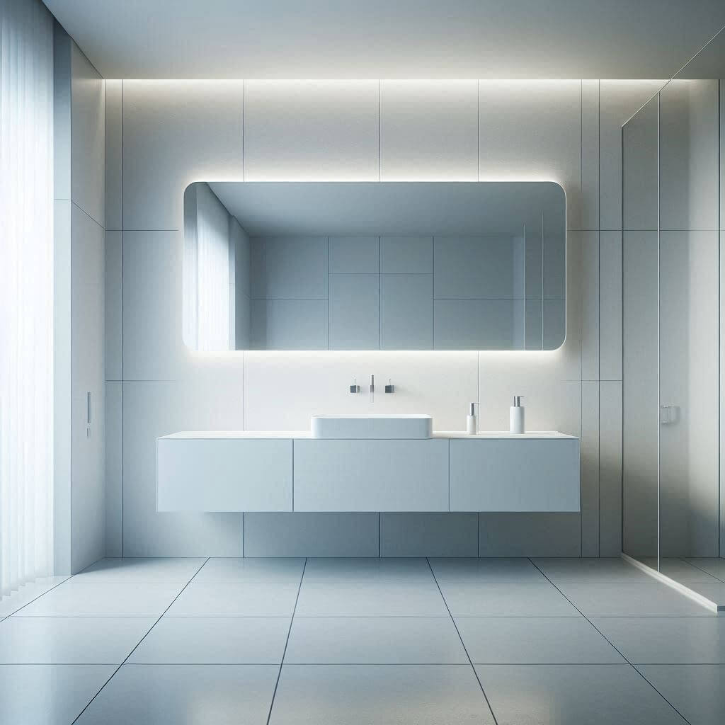Spacious minimalist bathroom by Hothi & Co. featuring large-format matte white tiles on floor and walls, a floating matte white vanity, thin rectangular sink, and wall-mounted chrome fixtures.