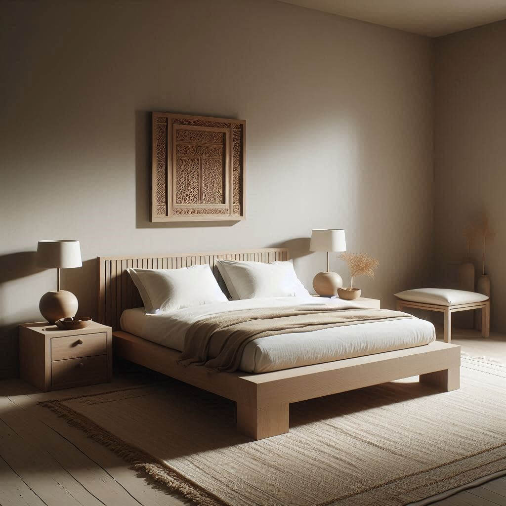 Calm minimalist bedroom interior by Hothi & Co. featuring Indian wooden furniture, a low wooden platform bed, white linens, soft beige throw, and taupe walls.