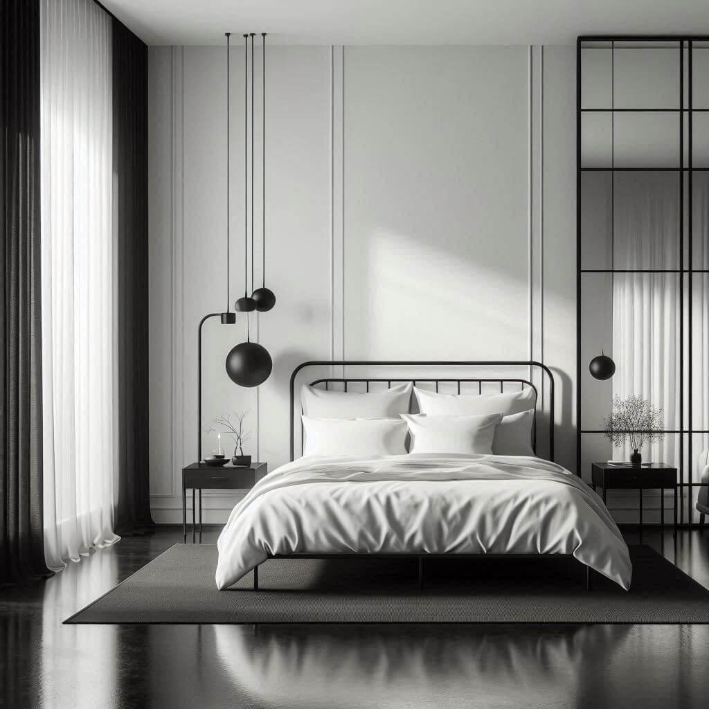 Striking minimalist bedroom interior by Hothi & Co. featuring a black metal bed frame, white bedding, black accent pillows, and a monochrome palette with soft white walls.
