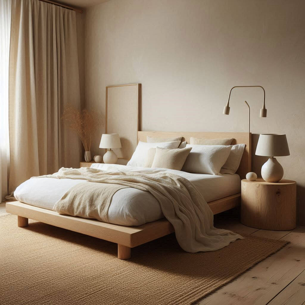 Cozy minimalist bedroom interior by Hothi & Co. featuring natural textures, organic shapes, a low-profile wooden platform bed, white linens, and soft beige accents.