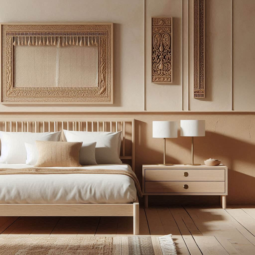 Minimalist bedroom interior by Hothi & Co. featuring handcrafted Indian accents, a simple wooden bed frame, white linens, and a handwoven Indian throw in soft earth tones.