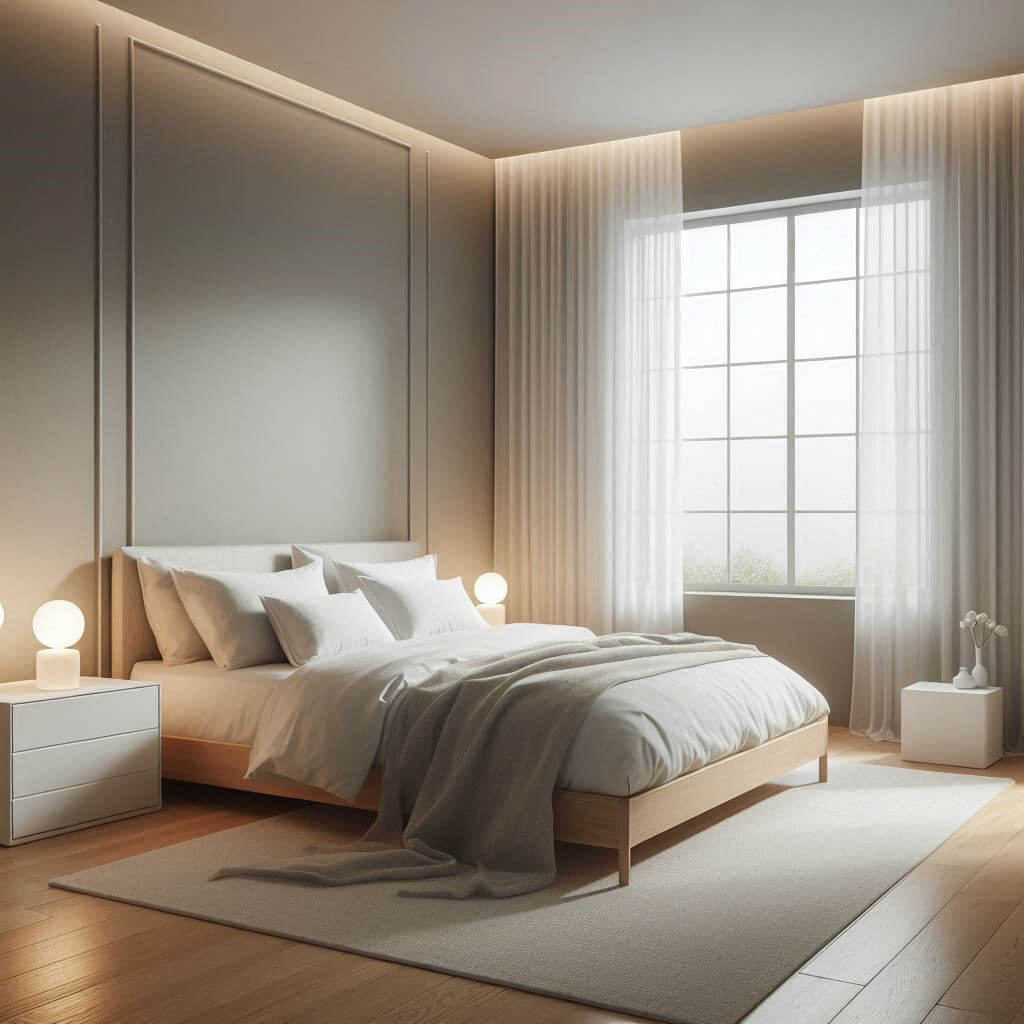 Peaceful minimalist bedroom interior by Hothi & Co. featuring soft lighting, a low-profile wooden bed frame, white bedding, light grey accent pillows, and warm grey walls.