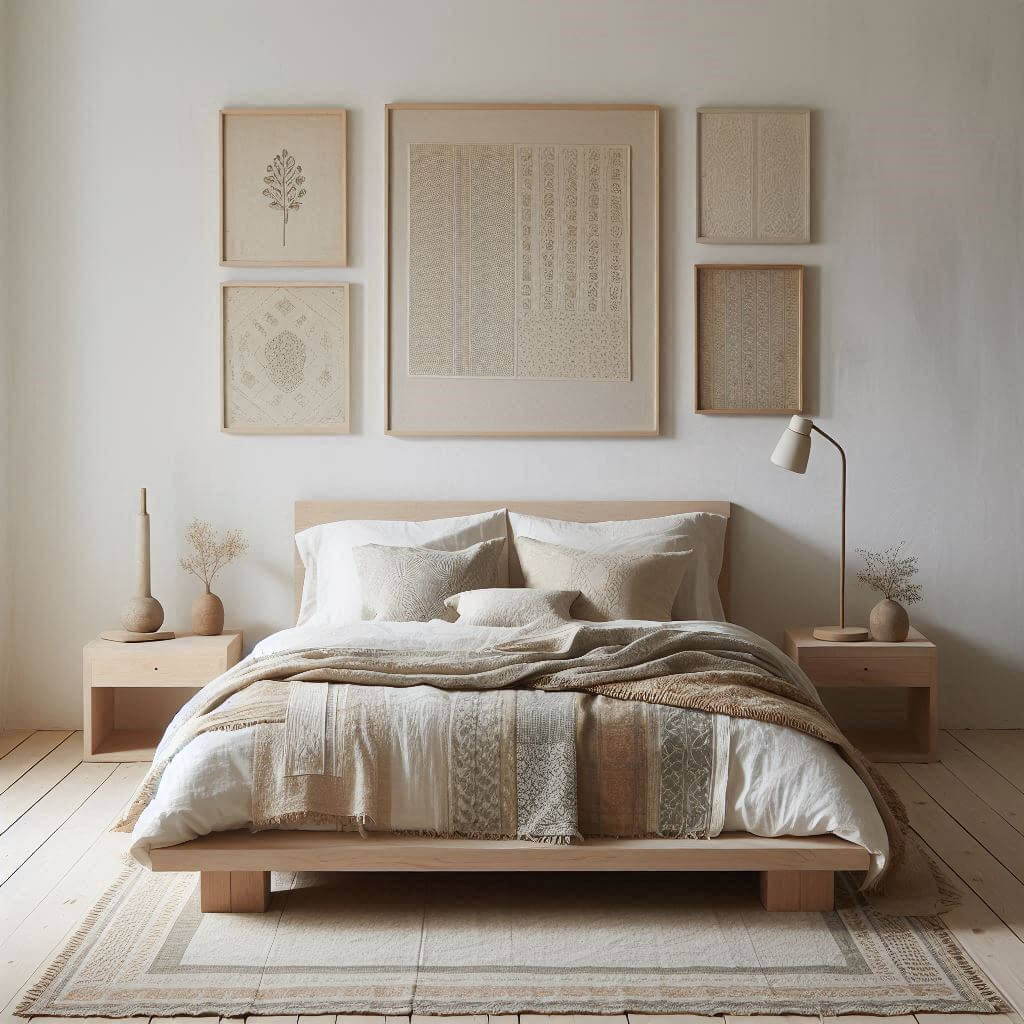Serene minimalist bedroom interior by Hothi & Co. blending Indian textiles with natural wood, featuring a low wooden platform bed, white linens, and a beige-grey Indian block-printed quilt.