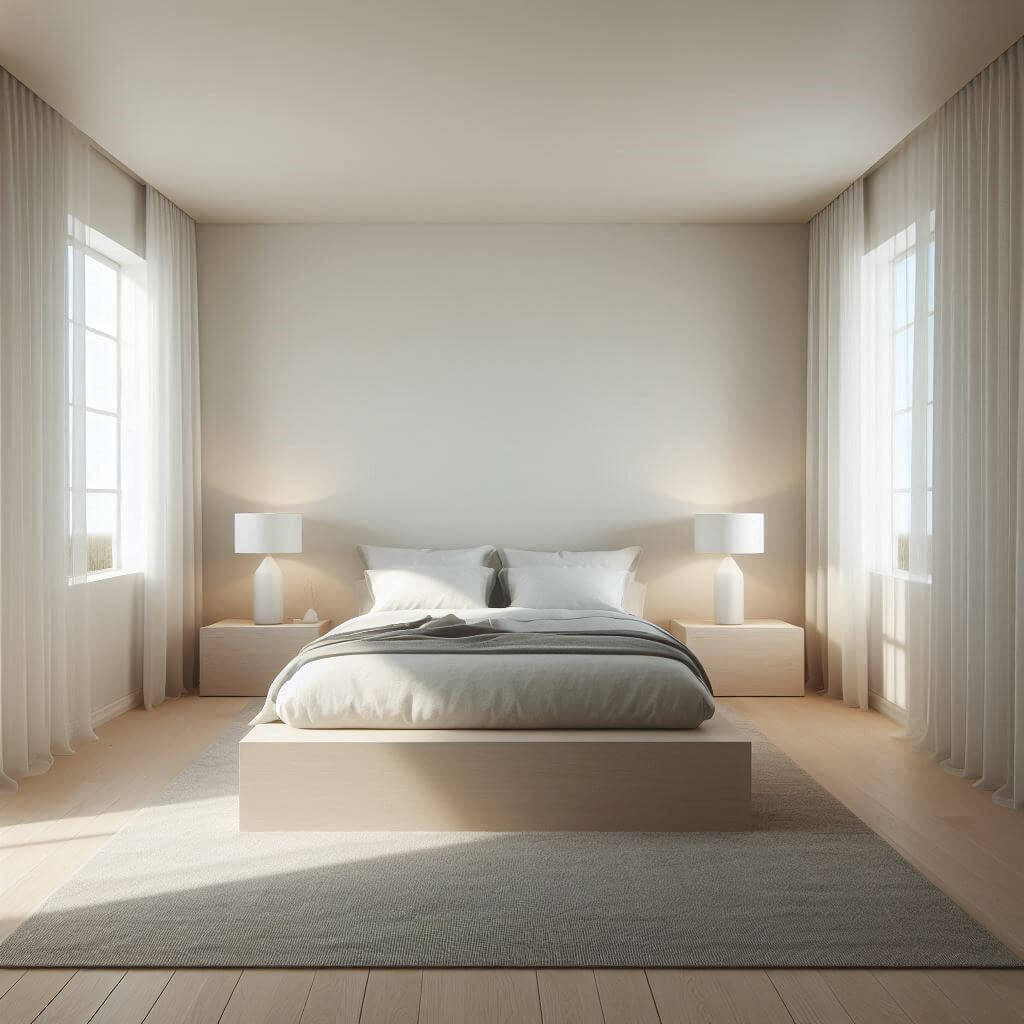 Serene minimalist bedroom interior by Hothi & Co. featuring a low platform bed, crisp white linens, a simple grey throw, and soft off-white walls in an uncluttered setting.