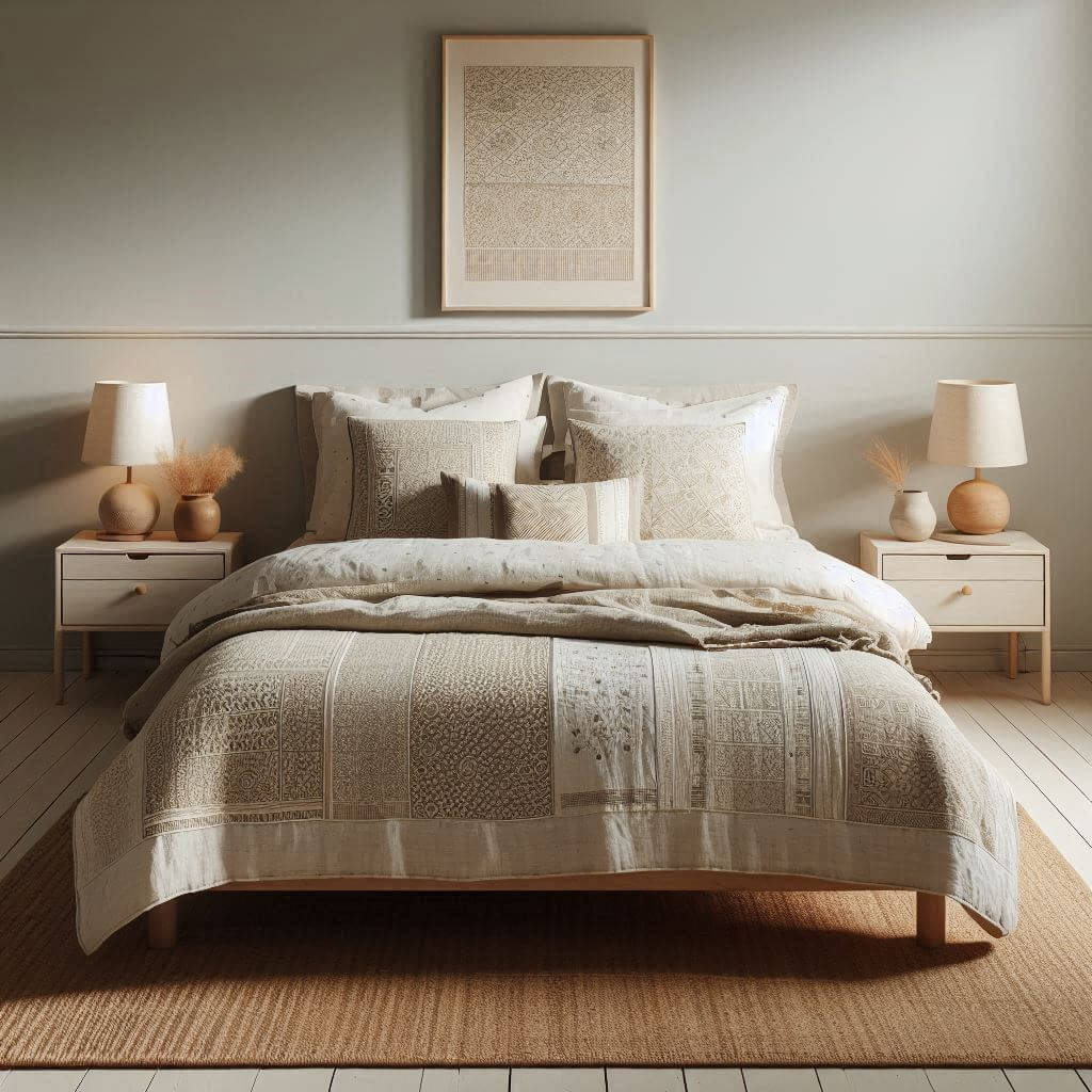 Simple minimalist bedroom interior by Hothi & Co. featuring Indian block-printed linens, a low-profile wooden platform bed, crisp white bedding, and a softly patterned quilt.