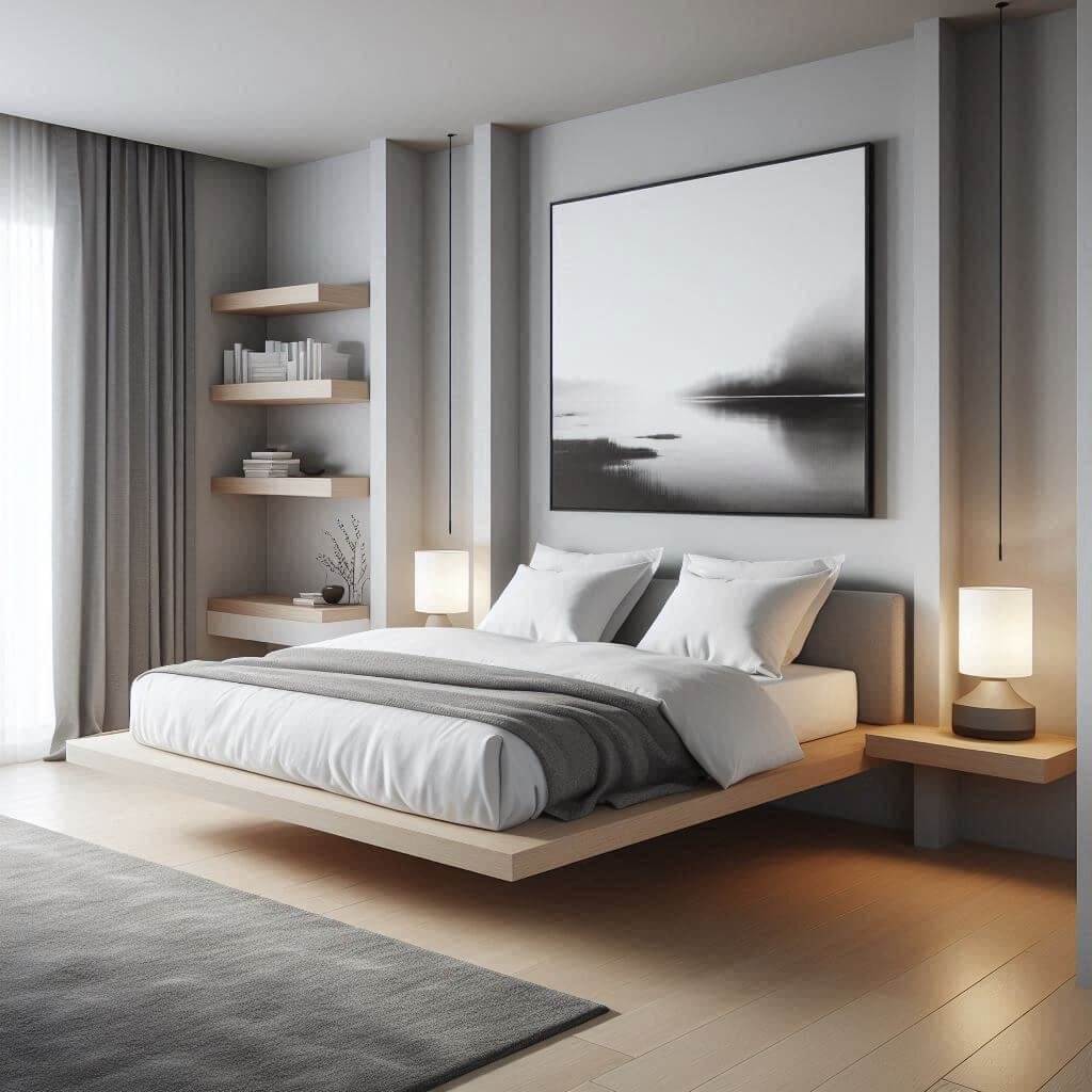 Sleek minimalist bedroom interior by Hothi & Co. featuring floating furniture, a floating platform bed, white linens, a soft grey throw, and soft grey walls.