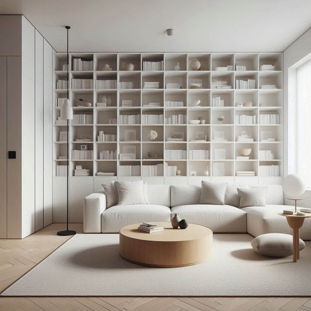 Minimalist functional living room by Hothi & Co. featuring built-in storage, a white low-profile sofa with wooden legs, and a light oak round coffee table.