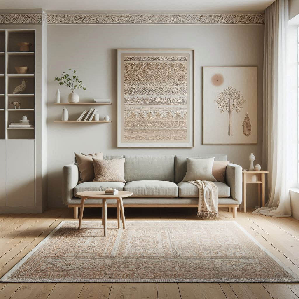 Minimalist living room by Hothi & Co. featuring a low grey sofa with wooden legs, light wooden coffee table, and subtle Indian pattern accents in a modern setting.