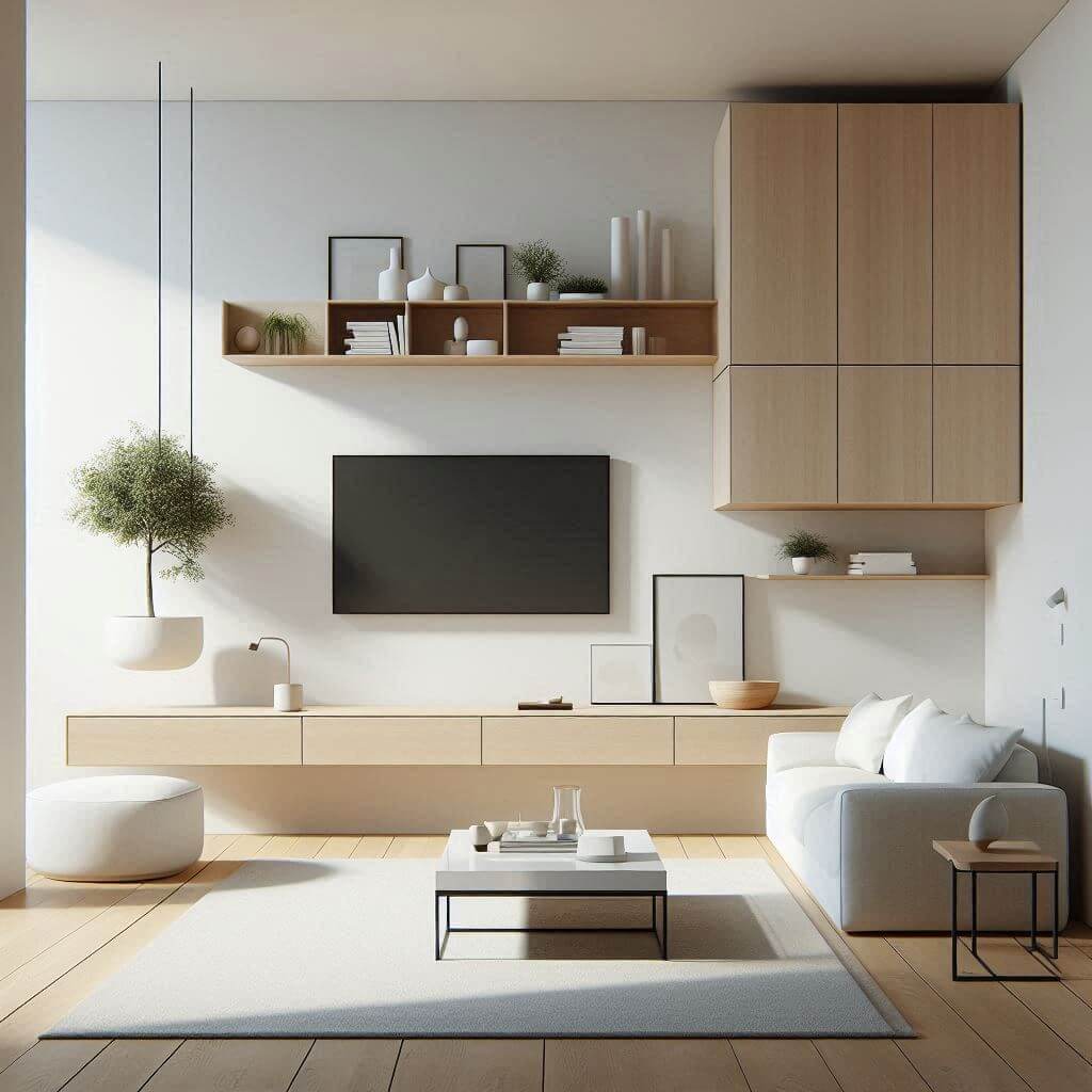 Minimalist living room by Hothi & Co. featuring a floating wooden media console with hidden storage and a low-profile white sofa with slim black legs.