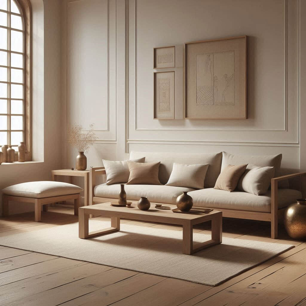 Minimalist Indian-inspired living room by Hothi & Co. featuring a low-profile wooden sofa with neutral cushions and a simple rectangular wooden coffee table.