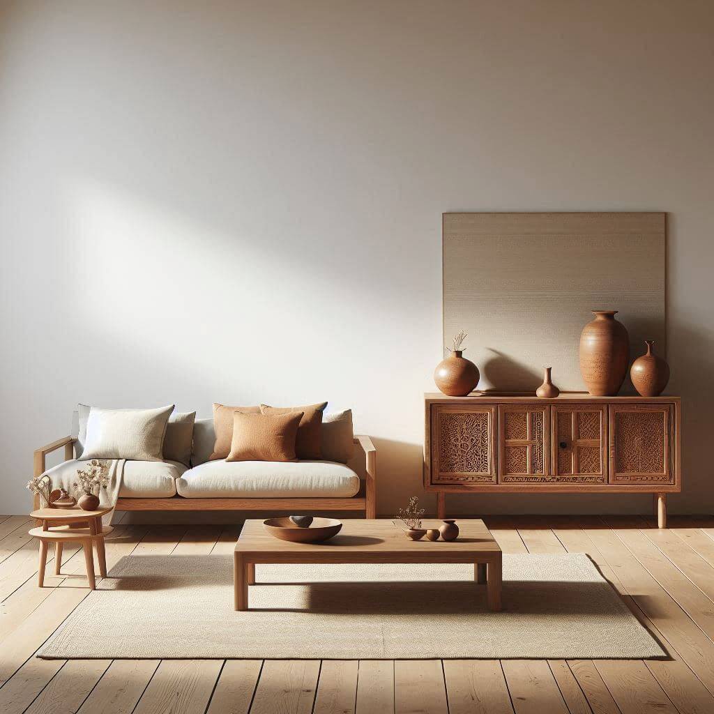 Minimalist living room by Hothi & Co. showcasing Indian craftsmanship with a low-profile wooden sofa, neutral cushions, and a simple wooden coffee table in an uncluttered space.