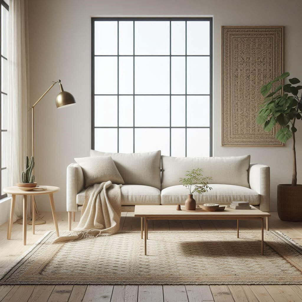 Minimalist living room by Hothi & Co. featuring a cream linen low-profile sofa with wooden legs, light wooden coffee table, and Indian handwoven textile accents.