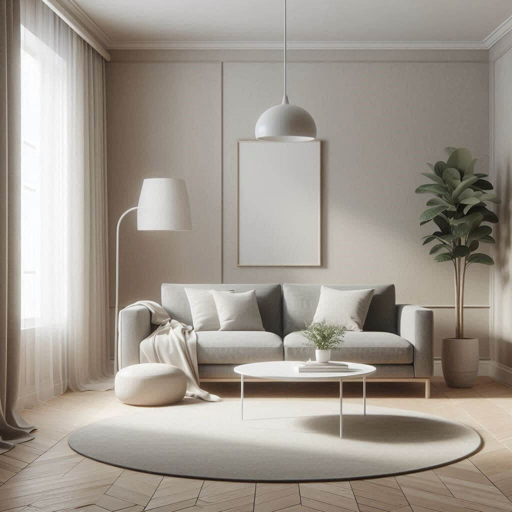 Minimalist living room by Hothi & Co. featuring a low-profile grey sofa, round white coffee table, and neutral-toned clean-lined interior design.