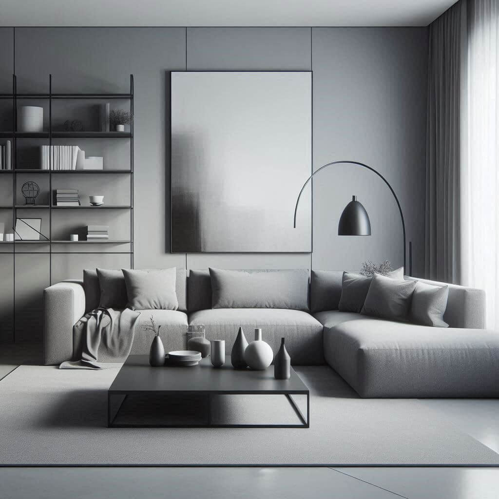 Monochromatic minimalist living room by Hothi & Co. featuring a grey sectional sofa, black metal matte coffee table, and a refined grey-and-white color scheme.