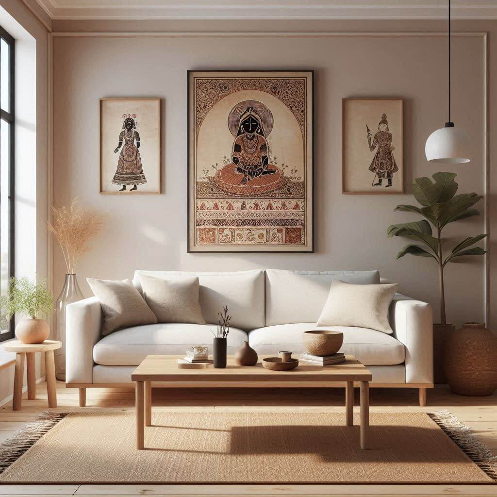Minimalist living room by Hothi & Co. featuring Indian art as the focal point, a white sofa with wooden legs, and a teak wood coffee table in a soft-toned interior.