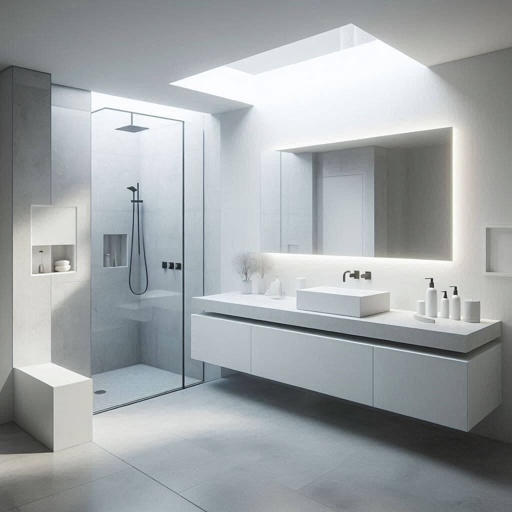 Bright modern bathroom by Hothi & Co. featuring a floating matte white vanity with thin stone countertop, integrated rectangular sink, crisp white walls, and large-format concrete-look flooring.