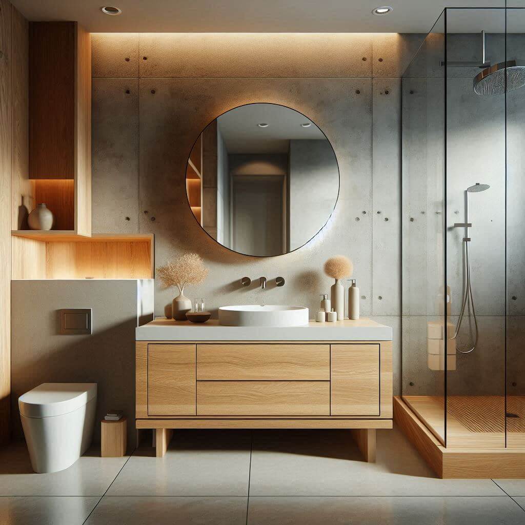 Warm modern bathroom by Hothi & Co. featuring a floating rich oak vanity, white countertop with under-mount sink, and smooth concrete walls.