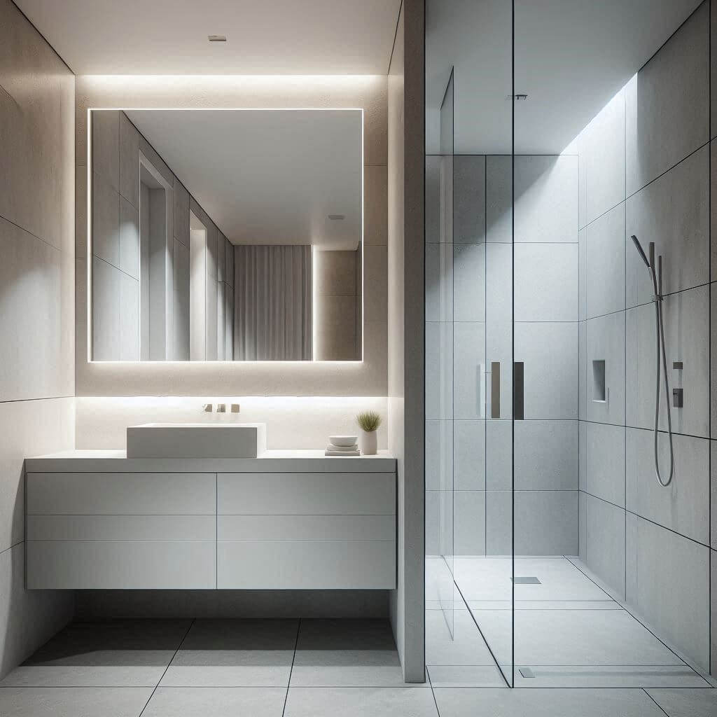 Minimalistic modern bathroom by Hothi & Co. featuring a floating matte white vanity with thin concrete countertop, rectangular under-mount sink, and a mix of smooth white tiles and textured concrete-look walls.