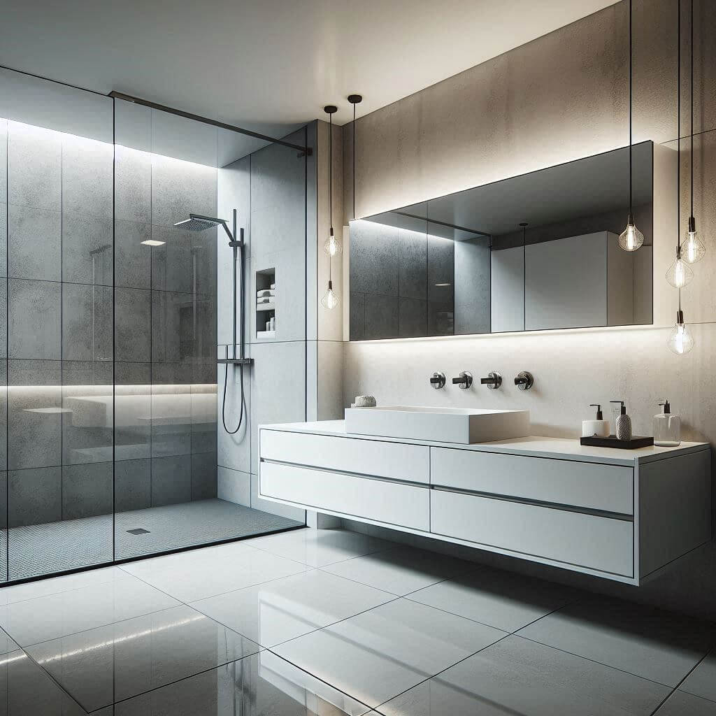 Modern bathroom by Hothi & Co. featuring a high-gloss white floating vanity with stone countertop, frameless glass shower, chrome fixtures, and a large rainfall showerhead.