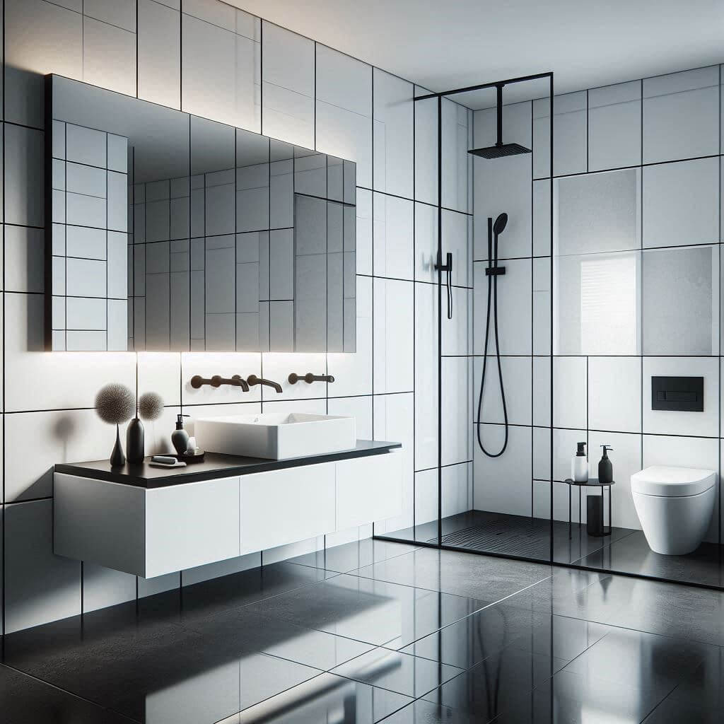 Modern black and white bathroom by Hothi & Co. featuring a matte white floating vanity, rectangular sink, wall-mounted matte black faucets, and contrasting contemporary finishes.