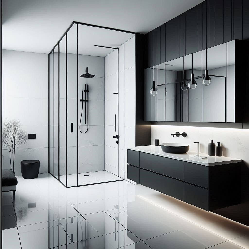 Striking modern black and white bathroom by Hothi & Co. featuring a floating matte black vanity, white quartz countertop with integrated sink, and smooth white walls with a contrasting accent.
