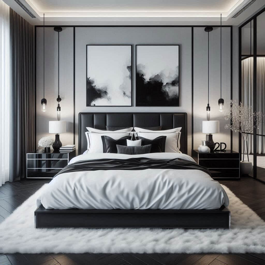 Chic modern bedroom interior by Hothi & Co. featuring a monochrome palette, glossy black bed frame, white linens, black accent pillows, and sleek contemporary finishes.